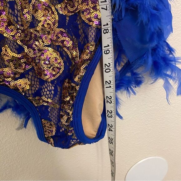Glamour dance costume solo gold sequin blue feather sassy salsa jazz XLC child - Picture 8 of 11